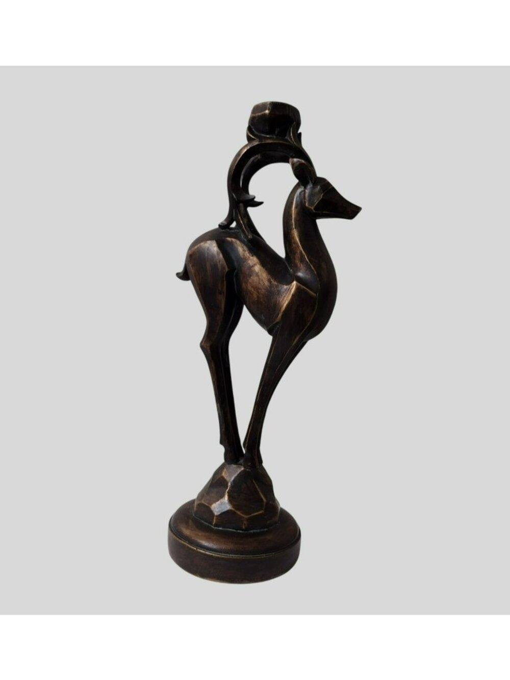 Art Deco Style Deer Candle Holder Heavy Resin Solid Bronze Look Sculpture 14"